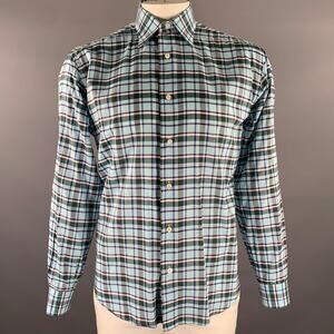 BRIONI Size L Blue Purple Green Plaid Cotton Pointed Collar Long Sleeve Shirt